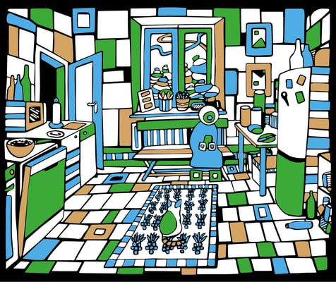 Veronika Spleiss "Green Daily Life" 2022 50x60 cm, Painted Fine Art Print on Hahnemühle Paper, German Etching