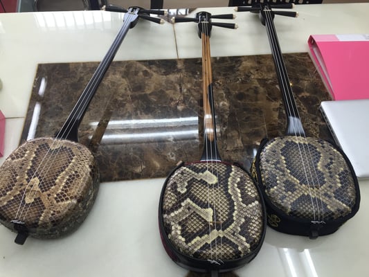 銘苅氏三線　左から真壁つや消し(所有)、江戸与那城(所有)、与那城つや消し