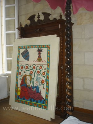 Reproduction d'une enluminure du XIIIe sur toile de lin pour ciel de lit