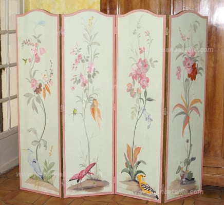 Paravent de 1,80m x 1,65m en 4 panneaux , marouflage d'une toile de lin et décor