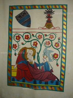 Reproduction d'une enluminure du XIIIe sur toile de lin pour ciel de lit