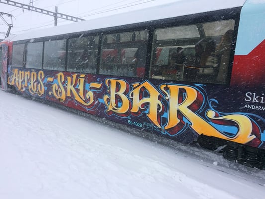 Wagon Gestaltung, Spraycan auf Stahl;-), für Skiarena Andermatt - Sedrun.