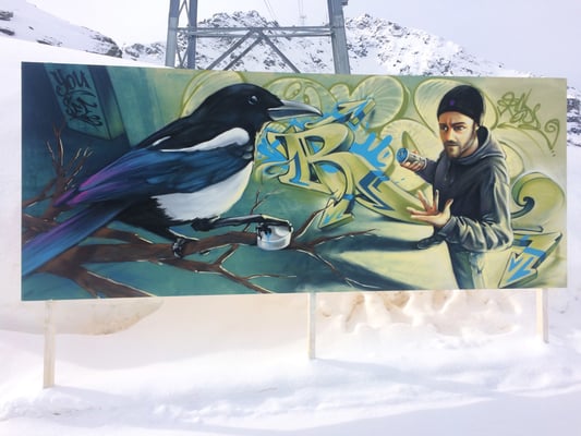 Spray can on canvas, 210 cm x 500 cm. For Play Engadin Festival