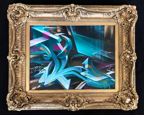 One Letter L, 2019 Spray can and acryl on canvas. 60 cm x 48 cm, 82 cm x 70 cm incl. old frame.