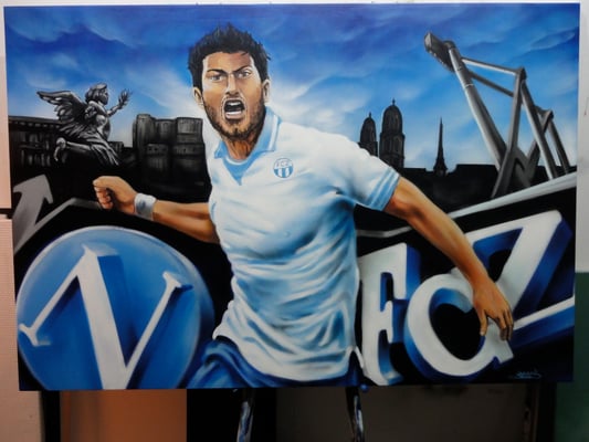 Portrait Blerim Dzemaili, Mischtechnik auf Leinwand.