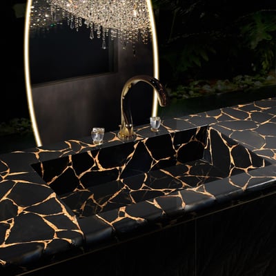 Luxurious bathroom vanity made of black agate gemstone with gold fillings by Maer Charme 