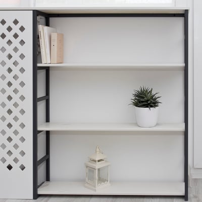 Porcelain shelves integrated under the windowsill fabricated from the same material