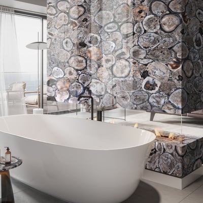 Luxurious bathroom wall with integrated fireplace fabricated from Maer Charme Chocolate agate