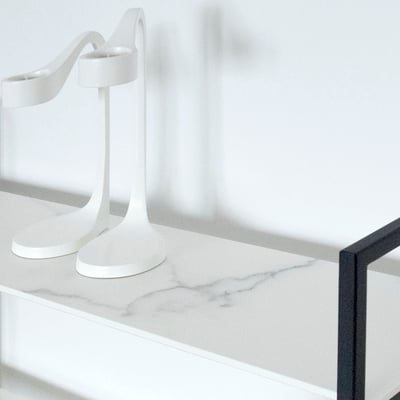 White shelves from sintered stone Neolith in black metal frame