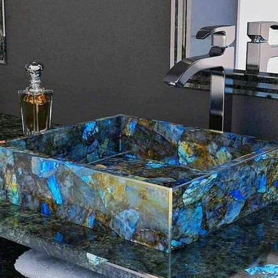 Bathroom vanity fabricated from precious blue gemstone