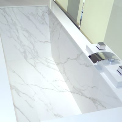 Quadrangle bathtub fabricated from Neolith Calacatta sintered stone