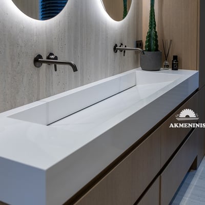 Long washbasin from Radianz Diamond White engineered stone / fabricator - Akmeninis