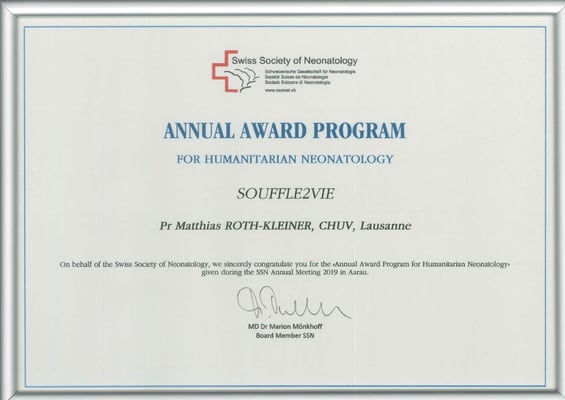 Prix humanitaire de la Société Suisse de Néonatologie, gagné par souffle2vie en 2019 ( 22 janvier 2019)