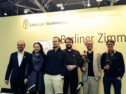 Verleihung der Kurt-Wolff-Preise, Leipziger Buchmesse 2014, mit Stefan Weidle (KWS), Dietmar Dath (Laudator), Jörg Sundermeier (Verbrecher Verlag)