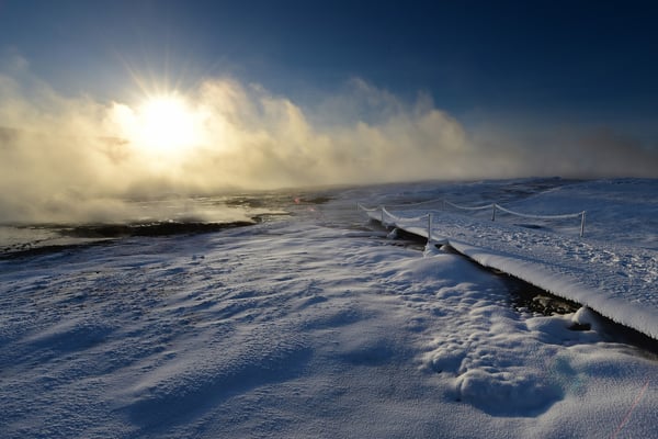 Sonnenaufgang über dem Geothermalgebiet Hveravellir