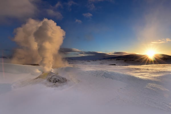 Sonnenaufgang über dem Geothermalgebiet Hveravellir