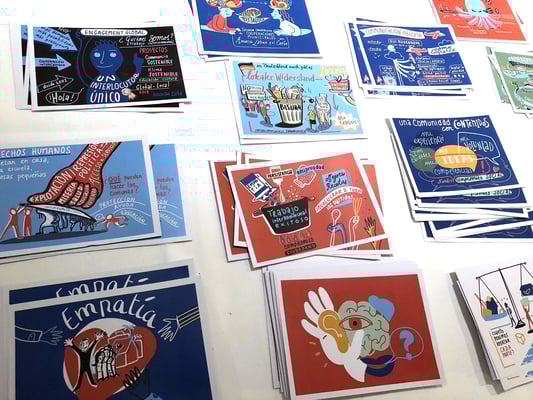 Digitales iPad Graphic Recording einer internationalen Tagung von Engagement Global zu kommunalen Partnerschaften mit Südamerika. Spanisch/Deutsch. Die 20 Motive wurden vor Ort als Postkarten gedruckt (Florence)