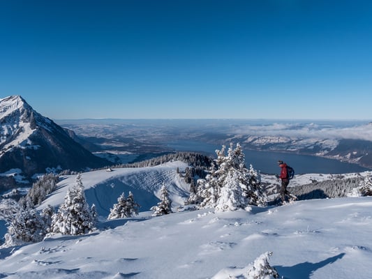 Der Abstieg ist nun deutlich einfacher und führt über den Engel zurück zum Ausgangspunkt. Die bewaldete Kuppe vor Thun ist das Engelhorn