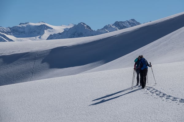 Kurz darauf folgt, was die Schneeschuhtouren vom Bergvagabund häufig auszeichnen; tolles Wandergelände und ein Hauch von Natur pur, hier mit Weitsicht zum Eggstock, Dammastock und Rhonestock