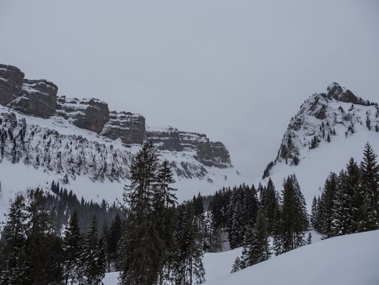 Die Sibe Hängste fallen schroff in den Sulzigraben ab. Schwach lässt sich der Einschnitt der Sichle erkennen