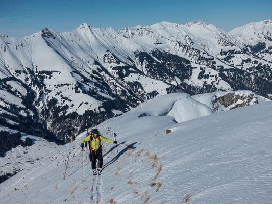 In wenigen Schritten ist unser Ziel erreicht. Im Rücken reihen sich die Gipfel der Niesenkette über das Entschligtal