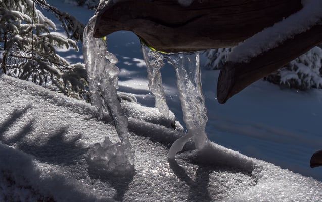 Zeuge einiger kalter Tage, Brunnen bei einer Hütte im Bawald