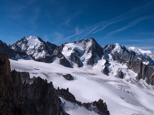 Die Aig. d`Argentière, die Chardonnet, Vert und der Mont Blanc von Links