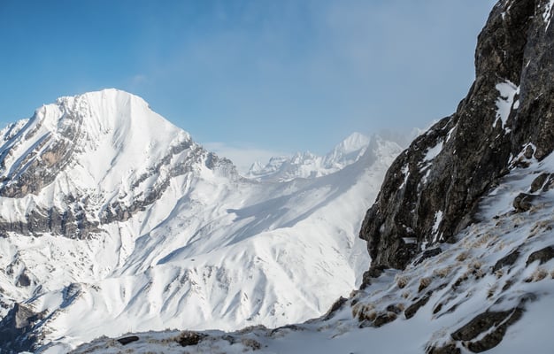 Blick bei einem Rast zum Lohner, Eiger, Wildi Frau, Blüemlisalp Rothörner, Blüemlisalphorn und Tschingellochtighorn