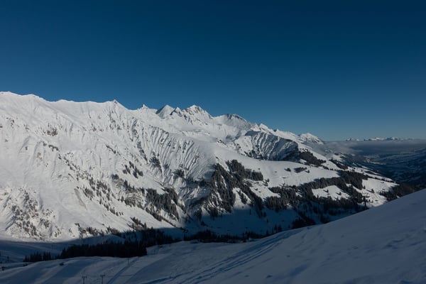Blick von der Tschentenalp über die Niesenkette. Im Vordergrung unser erstes Ziel, unterhalb vom Niesen dann der Ritzgrat