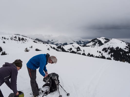 Die Kaltfront lässt nicht mehr lange auf sich warten. Noch ragen ein paar Spitzen der Gastlosen aus den wogenden Wolken heraus. Rechterhand die Kuppe des Hundsrügg mit dem logischen Routenverlauf zum Jaunpass