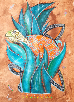 Tortuga Mayahuel-Alebrije 39x30 cm, acrylique sur papier amate, 2018. Prix 150€