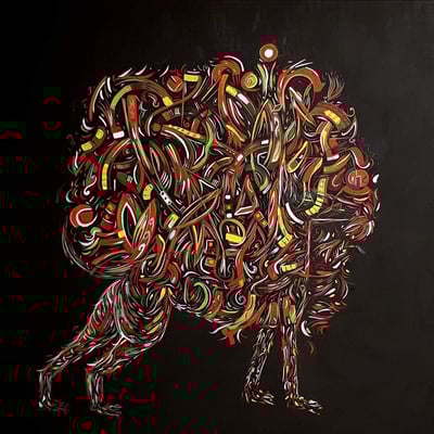 Xólotl errant (derrière l’utopie: le réel)  Acrylique et huile sur toile, 100x100 cm, 2018.