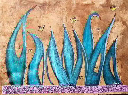 Abejas - Jaguar Mayahuel-Alebrije 39x30 cm, acrylique sur papier amate, 2018. Prix 150€