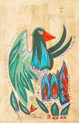 Zopilote Real Mayahuel-Alebrije 60x40 cm, acrylique sur papier amate, 2018. Prix 250 €