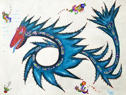 Iguana - Serpiente Mayahuel-Alebrije 39x30 cm, acrylique sur papier amate, 2018. Prix 150 €