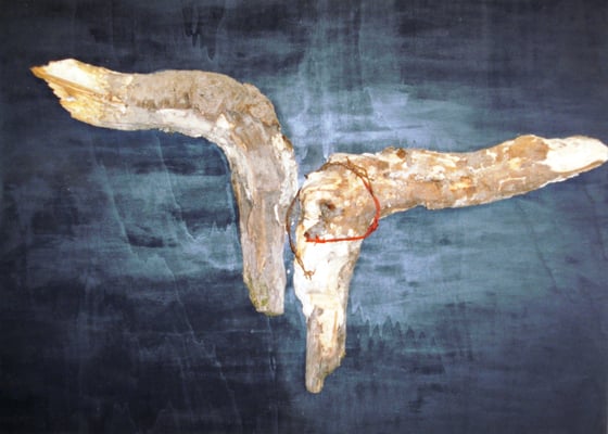 "Aufgestiegen" - Acryl-Holzplatte-Baumholz-Stacheldraht - 70 x 100 - 2011