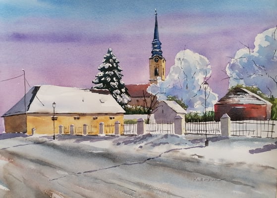 Blick vom Belvedereschlössl Richtung Kirche, 40 x 30 cm