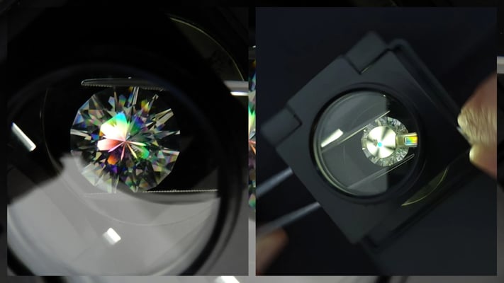 Durch das Polariskop werden die Spektralfarben gut sichtbar. Mit dem Konoskop wird das Bull's eye sichtbar, typisches Merkmal von Quarz.