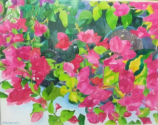 "Así son las Veraneras". ACUARELA HORIZONTAL. Composición flores veraneras y hojas. Tamaño: 23.25plgx18.5plg(60 cm(ancho x 47 cm alto). Precio: 295.00 usd