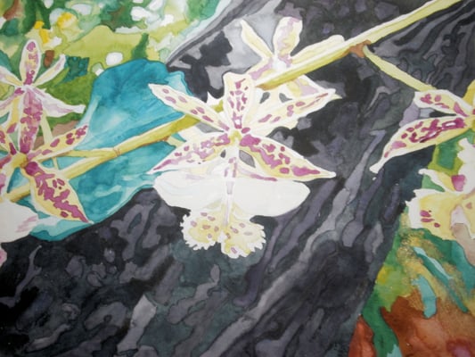 “ORQUÍDEAS DE AMOR Y FANTASÍA”.  ACUARELA HORIZONTAL, con brillos dorados y  bronce en las esquinas.  Tamaño: 14.75 pulgadas  de ancho x 11 pulgadas de alto,  38.1cm de ancho  x 27.9cm de alto. Precio: $130.00 USD