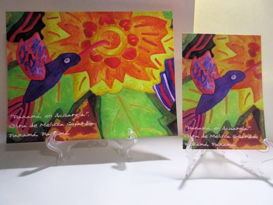 Modelos: “Vuelo del Colibrí”, reproducción de diseño en acuarela de colibrí volando sobre flor, inspirado en las tradicionales molas panameñas.