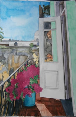 “Verano a la Vista”. ACUARELA VERTICAL. Tamaño: 11´ pulgadas de ancho X 14.75 pulgadas de alto, 27.9cm de ancho  x 38.1cm de alto. Precio: $130.00 USD