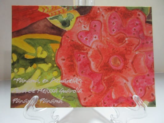 “Flor de Mola”, diseño de flor pintada en acuarela, inspirada en las tradicionales molas panameñas, tamaño 5 X 7 pulgadas.  