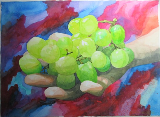 “A Manos Llenas”.  ACUARELA HORIZONTAL. Diseño de colorido fondo y arreglo de frutas sobre una mano. Tamaño: 14.75 pulgadas  de ancho x 11 pulgadas de alto,  38.1cm de ancho  x 27.9cm de alto. Precio: $130.00 USD