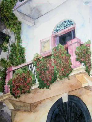 “Belleza Inesperada en el Casco Antiguo”.  ACUARELA VERTICAL.  Tamaño: 11 pulgadas de ancho X 14.75 pulgadas  de alto, 27.9cm de ancho  x 38.1cm de alto.  Precio: $130.00 USD