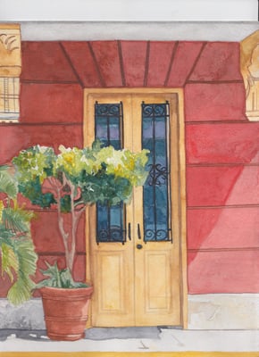 “A LAS PUERTAS DEL CASCO ANTIGUO” Acuarela Vertical. Tamaño: 8.5 pulgadas de ancho x 11 pulgadas de alto. (22 cm ancho por 28 cm de alto). Precio: $75.00 USD