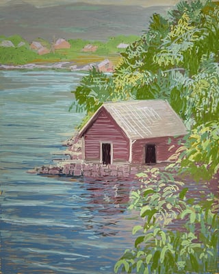 Asta Rode, Fjord_Ufer, Acrylstift auf Leinwand, 40 x 50 cm, 2025