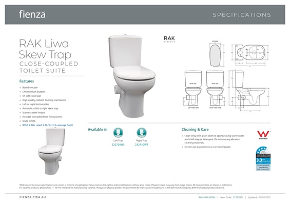 RAK Fienza Liwa Closed Coupled Toilet Suite Ivory Beige White skew trap
