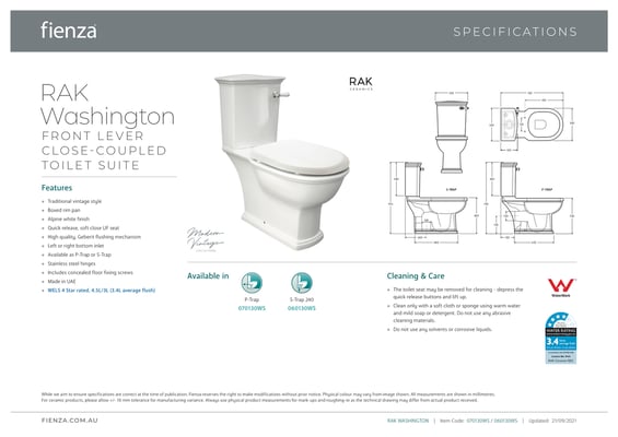 Washington Lever Closed Coupled White Ivory Toilet Suite  - P/S Trap 240mm set out, WELS 4 star rating, 4.5/3L