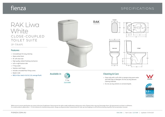 RAK Fienza Liwa Closed Coupled Toilet Suite Ivory Beige White p-trap s-tra